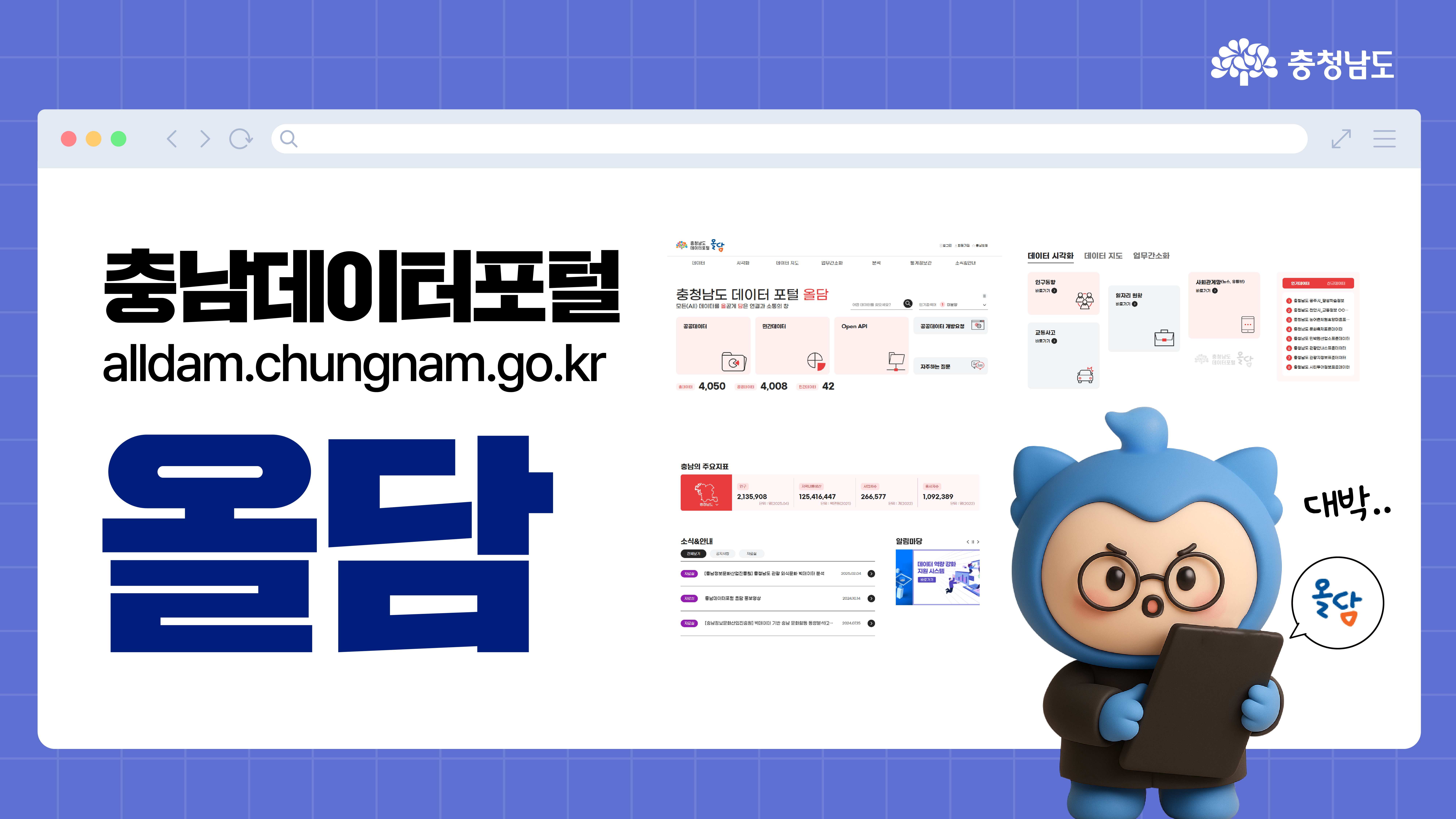 브라우저 창 형태의 배경에 ‘충남데이터포털 올담’과 alldam.chungnam.go.kr 주소가 큼직하게 중앙에 배치되어 있습니다. 하단에는 충남데이터포털의 실제 메인 화면을 축소해 보여주며, 우측 하단에는 태블릿을 들고 놀란 듯한 표정의 충청이가 “대박.. 올담”이라고 말하는 말풍선을 갖고 있습니다.